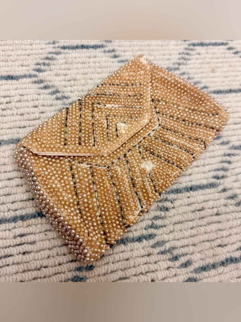 RICCI Vintage 50’s/60’s Creamy Faux Pearl Chevron Beaded Envelope Clutch Purse - Picture 3 of 16